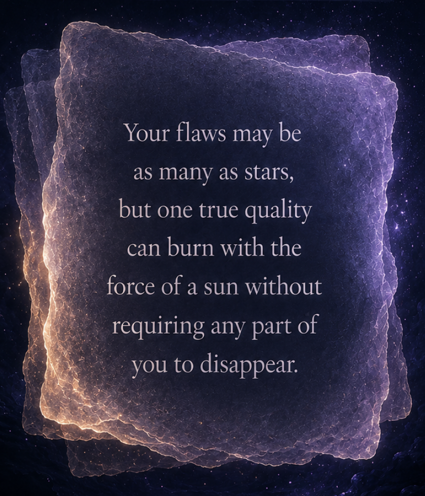 A luminous crystal card: your flaws may be as many as stars, but one true quality can burn with the force of a sun without requiring any part of you to disappear